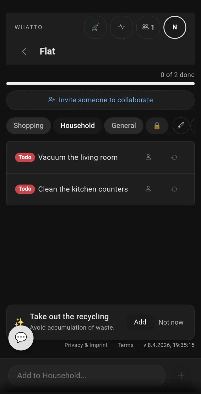 Cleaning task list for shared flat with vacuum the living room and clean the kitchen counters